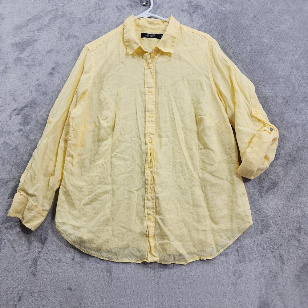 Lauren Ralph Lauren Shirt Womens 1X Yellow Linen Button Front Roll Tab Casual